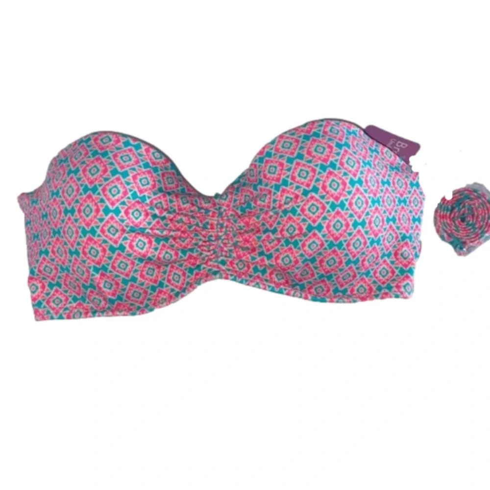 NWT 32C Coco Rave Bae push‎ up bikini top removable strap ruched pink teal